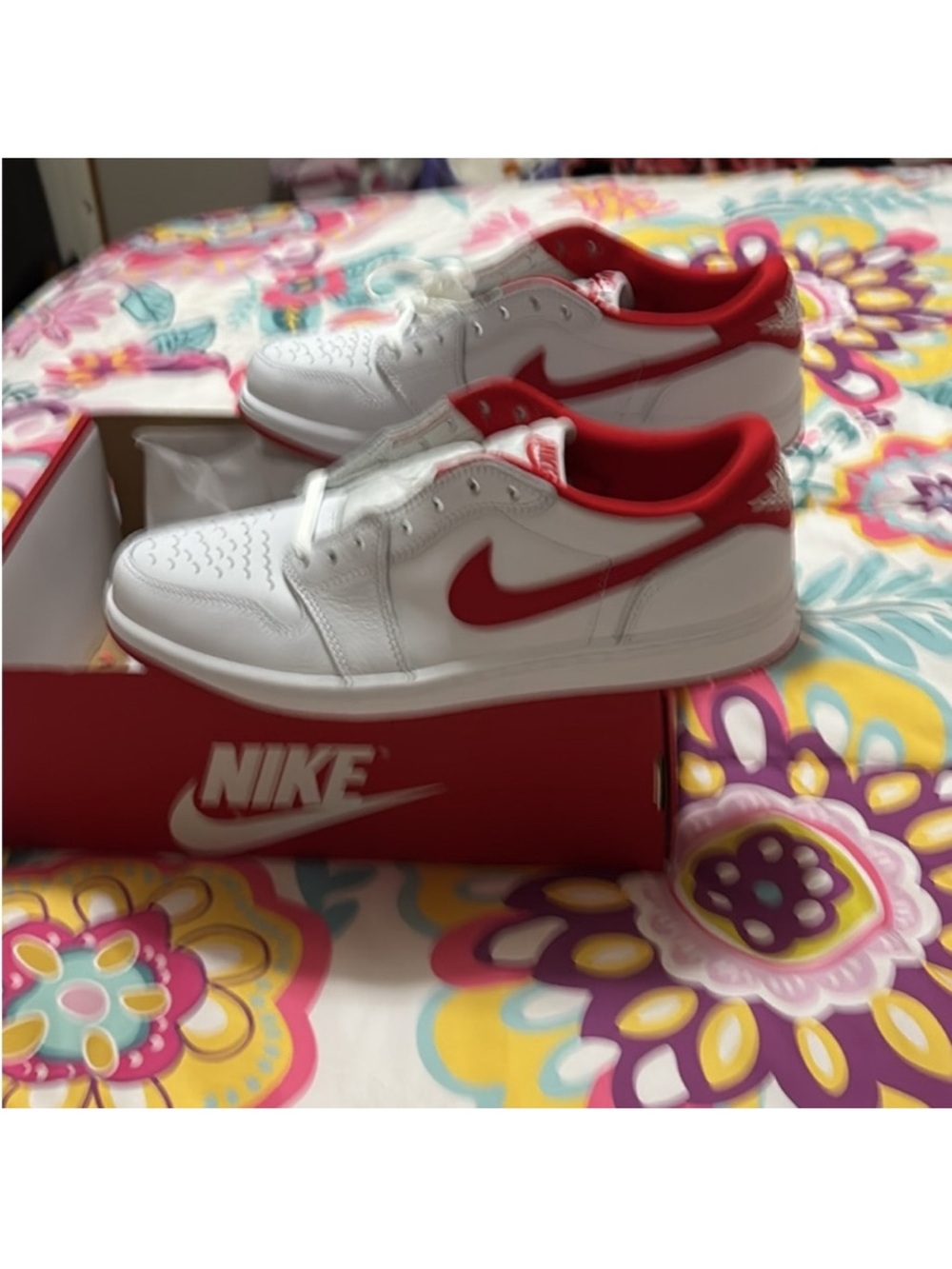 Jordan 1 low Retro Men's White and Red Low-Top Athletic Shoes - Picture 4 of 7